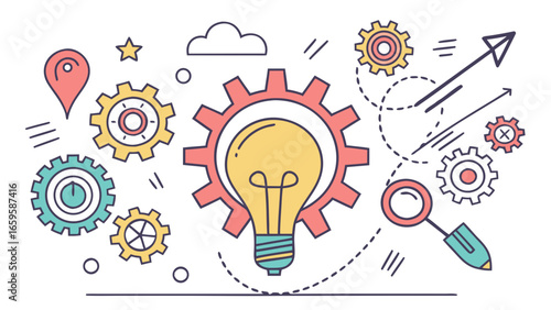 Illustration of a lightbulb inside a gear with arrows and other gears surrounding it concept art created with generated ai