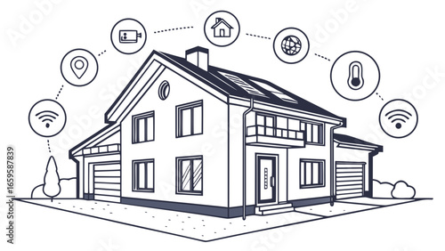 Illustration of a smart home with connected devices and sensors around the house exterior view created with generated ai