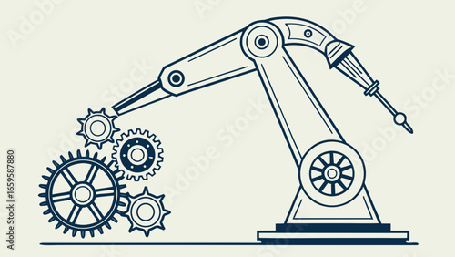Illustration of a robotic arm interacting with gears in a mechanical assembly line design created with generated ai