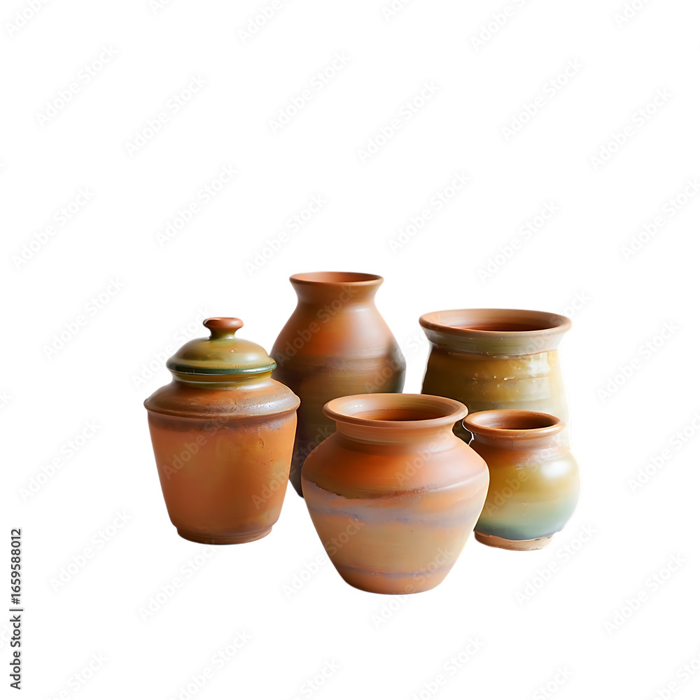Collection of diverse handcrafted rustic clay pots and vessels in earthy tones with varied glazes
