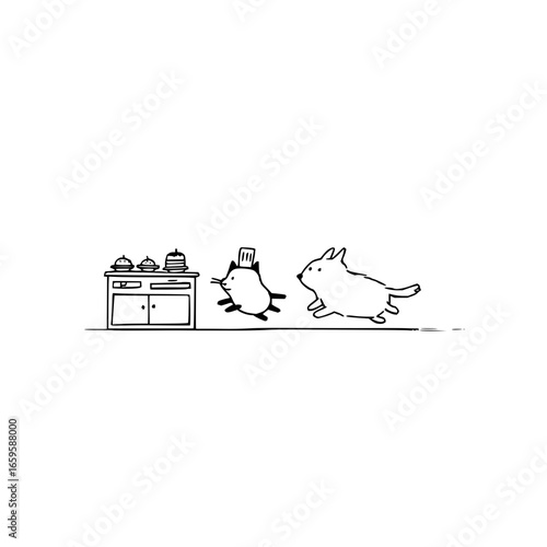 Cute cartoon cat and dog chasing each other after stealing food from the kitchen cabinet drawing