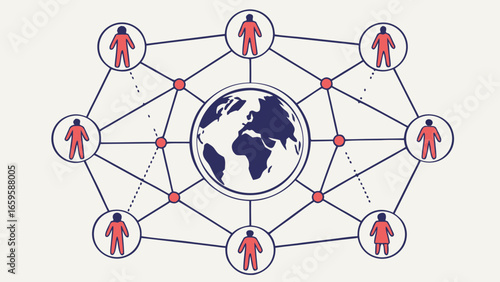 Global network with people connected around the world by lines and red dots in a complex web created with generated ai