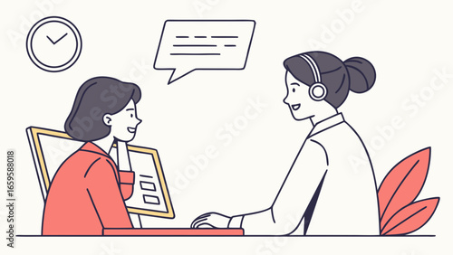 Two women in a meeting with a clock and speech bubble in a simple cartoon style illustration created with generated ai