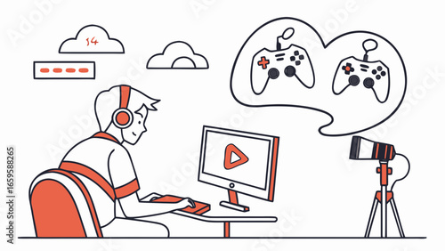 A gamer with headphones playing video games at a desk with a monitor and microphone setup and gamepads thought created with generated ai