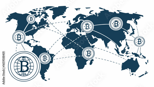 Bitcoin network connecting nodes across a world map with global cryptocurrency exchange concept shown created with generated ai