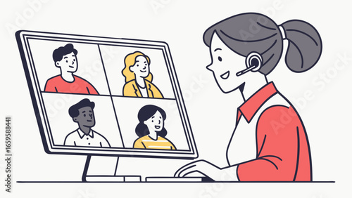 Illustration of a woman on a video call with four people on a computer screen display view created with generated ai