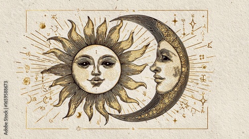A vintage illustration of a sun and moon, featuring a smiling sun with rays and a crescent moon with a serene face. Decorative stars surround the celestial bodies.