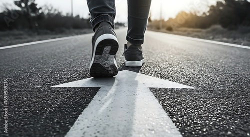 A person's feet walking on an asphalt road with a forward arrow