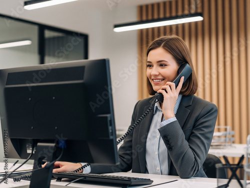 Friendly receptionist answering phone calls with a warm smile.