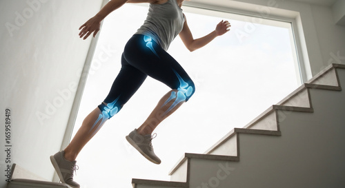 Dynamic Joint Health: Woman Exercising on Stairs with Highlighted Anatomy