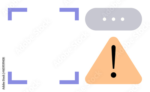 Triangular warning sign with exclamation point and speech ellipsis inside a focus frame. Ideal for error, notification, caution, attention, system alert, communication, usability. Simple flat