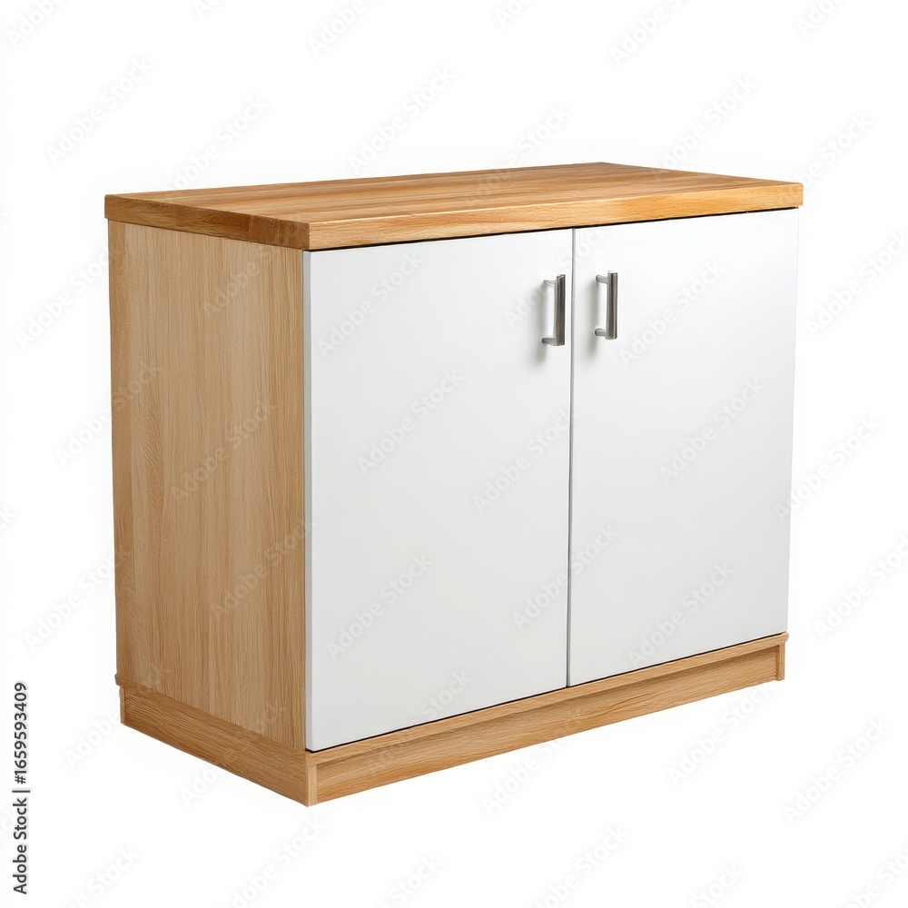 Modern wooden cabinet with white doors isolated on white background Modern wooden cabinet with white doors isolated on white background