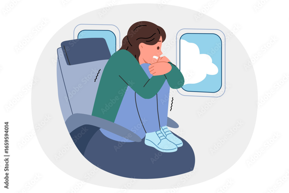 Φωτογραφία Aerophobia in woman flying in airplane, encountered turbulence, and sitting with legs up in passenger seat of airliner