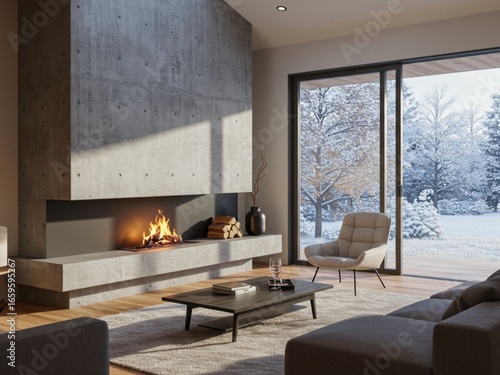 Cozy Winter Living Room with Fireplace  Modern Design  Snowy Outdoors  Interior Photography  Warm Atmosphere  Inviting View