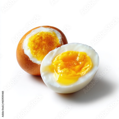 Two halves of a hard boiled egg isolated on white background
