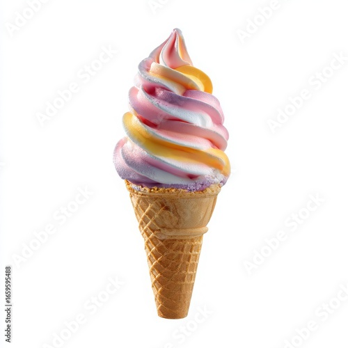Colorful swirl soft serve ice cream cone isolated on white background
