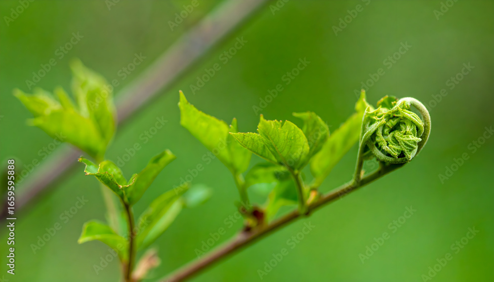 Fresh green leaves unfurling on branch in spring macro close up Fresh green leaves unfurling on branch in spring macro close up