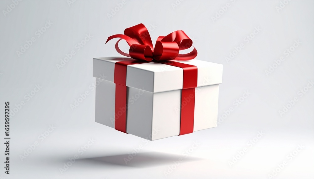 Fototapeta premium Elegant White Gift Box with Red Ribbon Bow Floating Present.