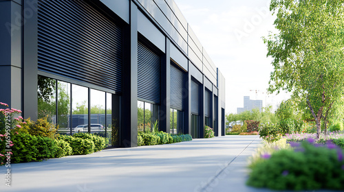 Outside view of a building featuring large windows and black roller shutters