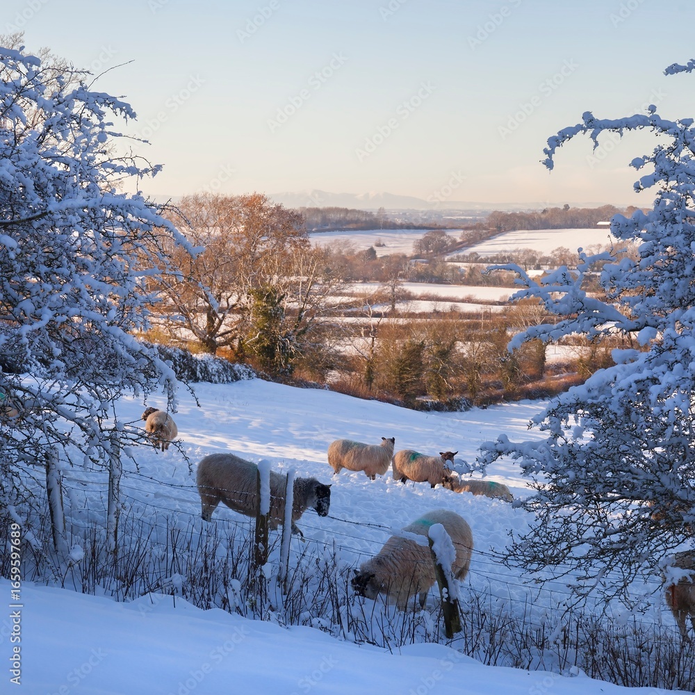 Naklejka premium Cotswold landscape with sheep in snow, Gloucestershire, England