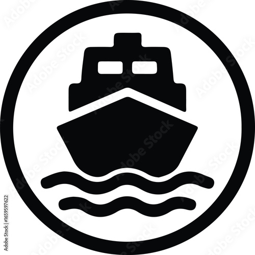 Vector cargo ship icon on water in circle silhouette Illustrator