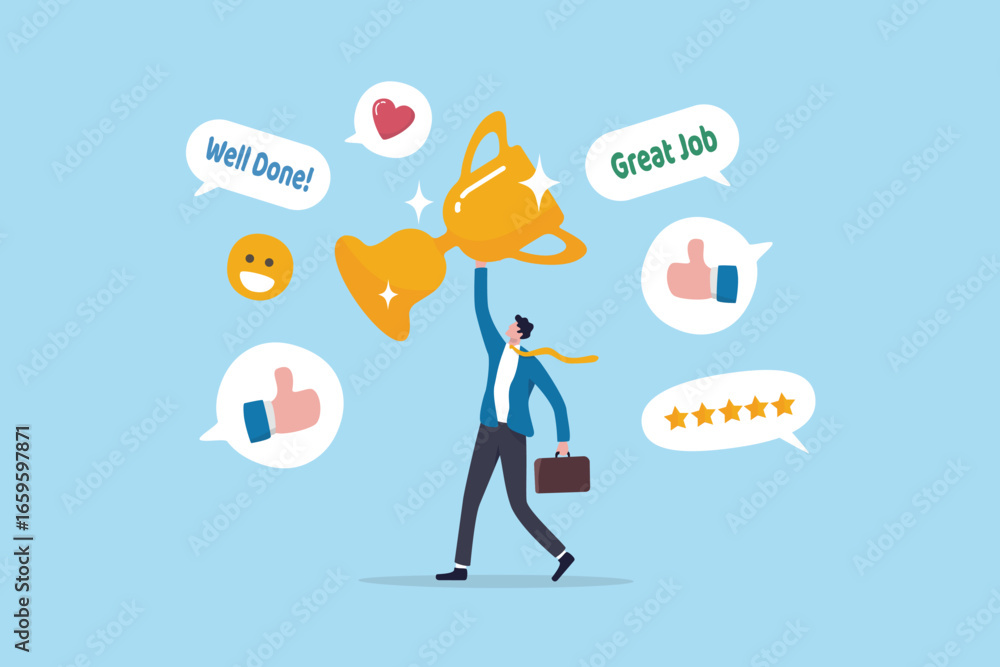 Ταπετσαρία Appreciation or admiration for outstanding employee, great job or well done work respect, praise or applauding gratitude feedback, businessman hold success trophy with appreciation respect feedback