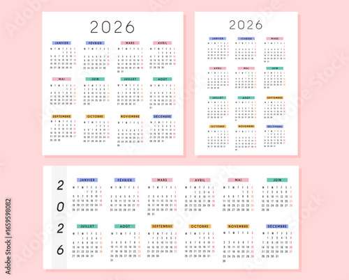 Set of 2026 French calendar in modern square, horizontal and portrait size design with colorful monthly headers. Minimal typography, clean layout. Printable yearly planner template in French language.