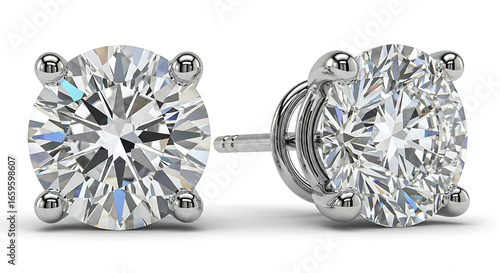 Two round cut diamond stud earrings with a four-prong setting, displayed against a white background.