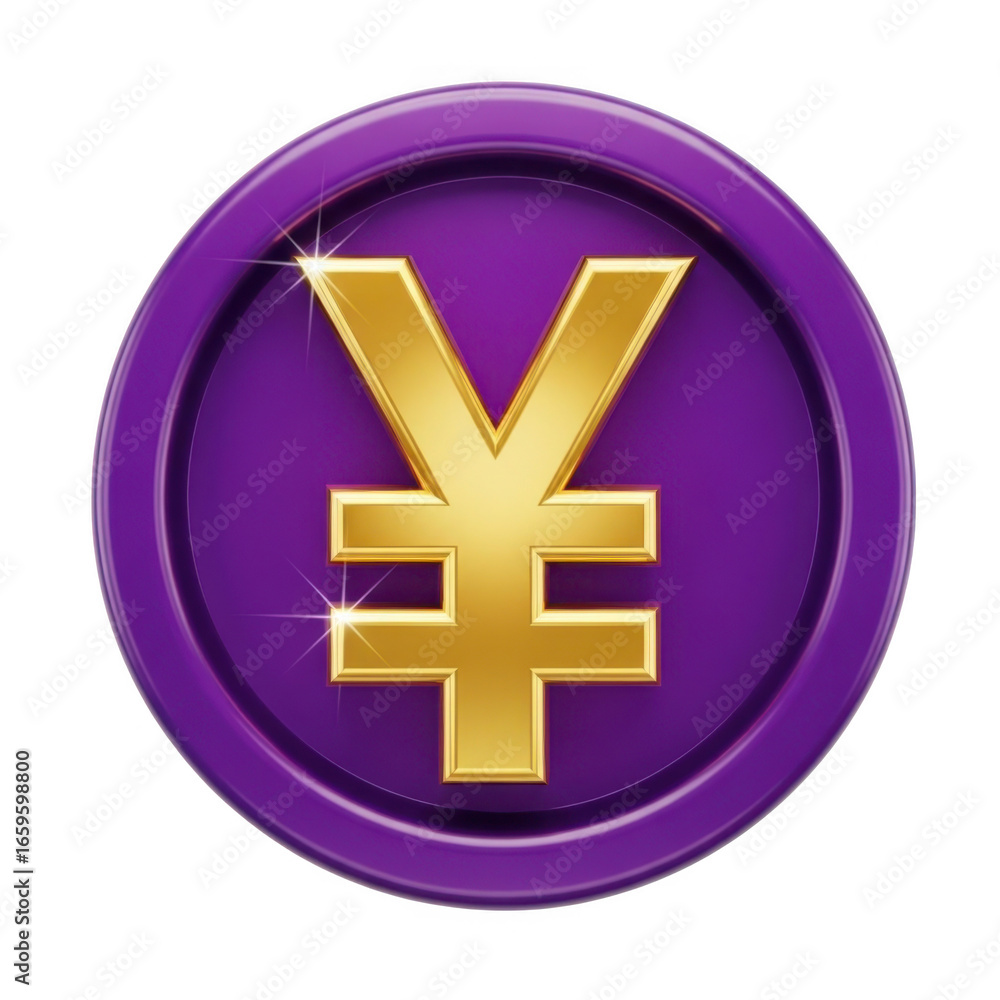 Fototapeta premium 3d golden yen symbol on a luxurious purple coin render with sparkles transparent background