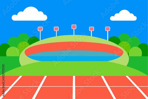 Vibrant cartoon stadium with running track and blue sky