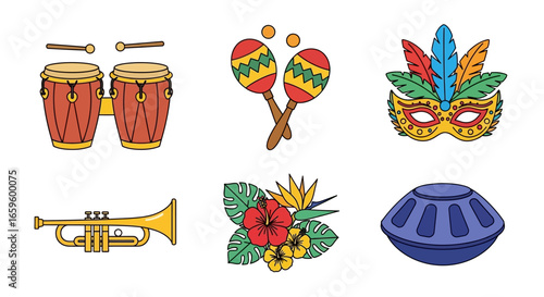 Vibrant Carnival Illustrations Festive Instruments & Tropical Flowers