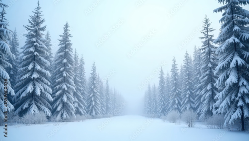 Fototapeta premium A tranquil winter landscape showcases snow-dusted evergreen trees in a serene, misty forest.