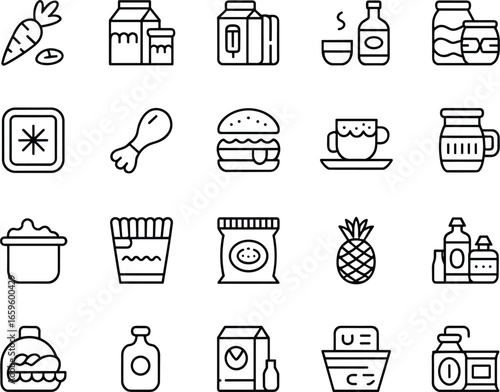 Food icons, grocery items, carrot, milk carton, coffee cup, honey jar, chicken leg, burger, fries, pineapple, sauce bottle, snack pack, fresh produce, kitchen essentials, cooking ingredients.