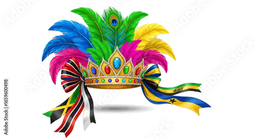 Colorful Carnival Headdress with Feathers and a Jeweled Crown on White Background