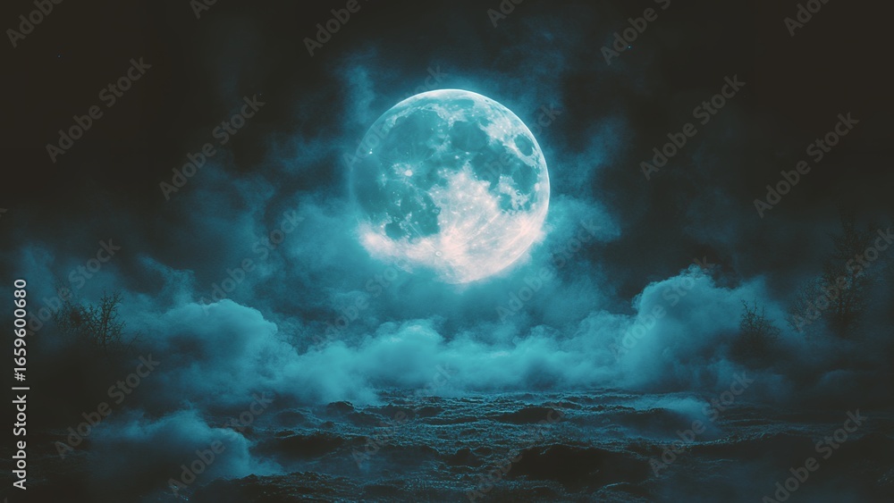 Fototapeta premium Blurred Moon on cloudy sky with smoke. Night mystical atmosphere.