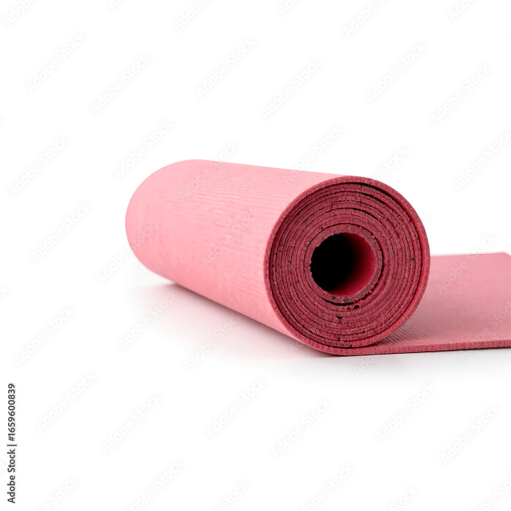 Obraz premium Rolled pink yoga mat on white background 