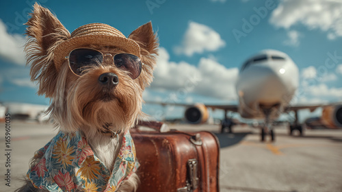 Wallpaper Mural A fashionable dog is set to travel!  He wears sunglasses, a hat, and a Hawaiian shirt, posing with his vintage suitcase in front of a passenger plane. Torontodigital.ca