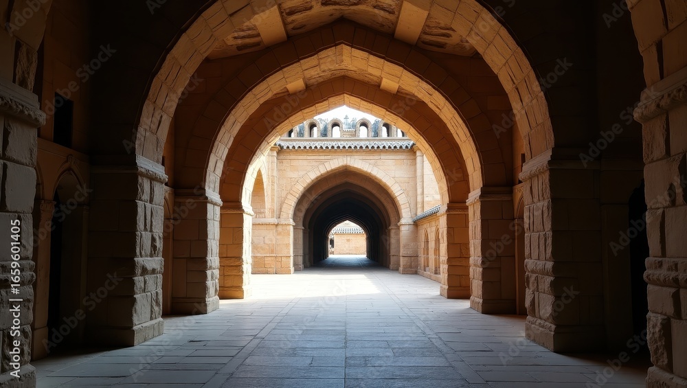 Fototapeta premium A long, shadowed passageway with arched stone structures leads to a distant light source, showcasing intricate stonework and a serene atmosphere.