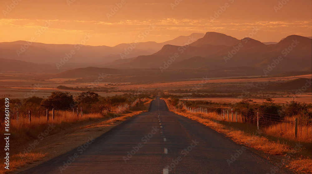 Fototapeta premium Scenic road stretches towards distant mountains under a warm, golden sky, hinting at adventure and the serenity of the open landscape.