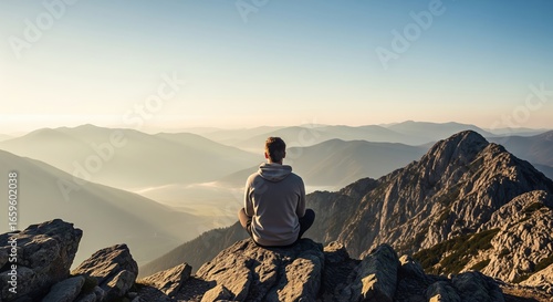 A peaceful individual practicing mindful meditation on a majestic mountain peak at sunrise an ideal visual for guided meditation applications and wellness content