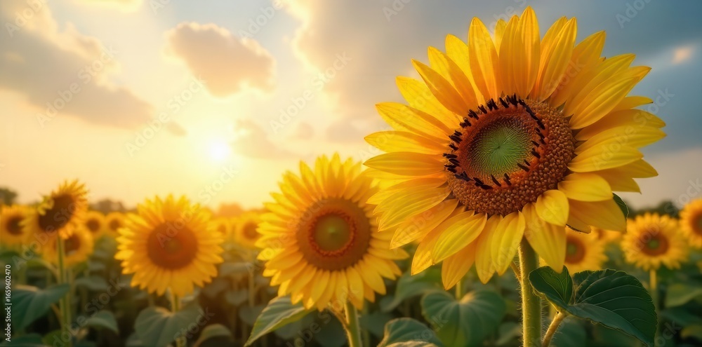 Fototapeta premium Giant sunflower heads turning towards the sun, vibrant petals , beautiful, light