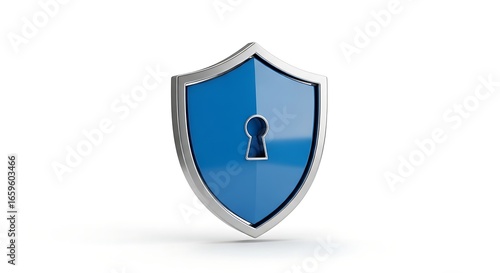 A shiny blue shield icon, a web symbol of security, with a key and question mark illustration on a blank, glossy button for help and information