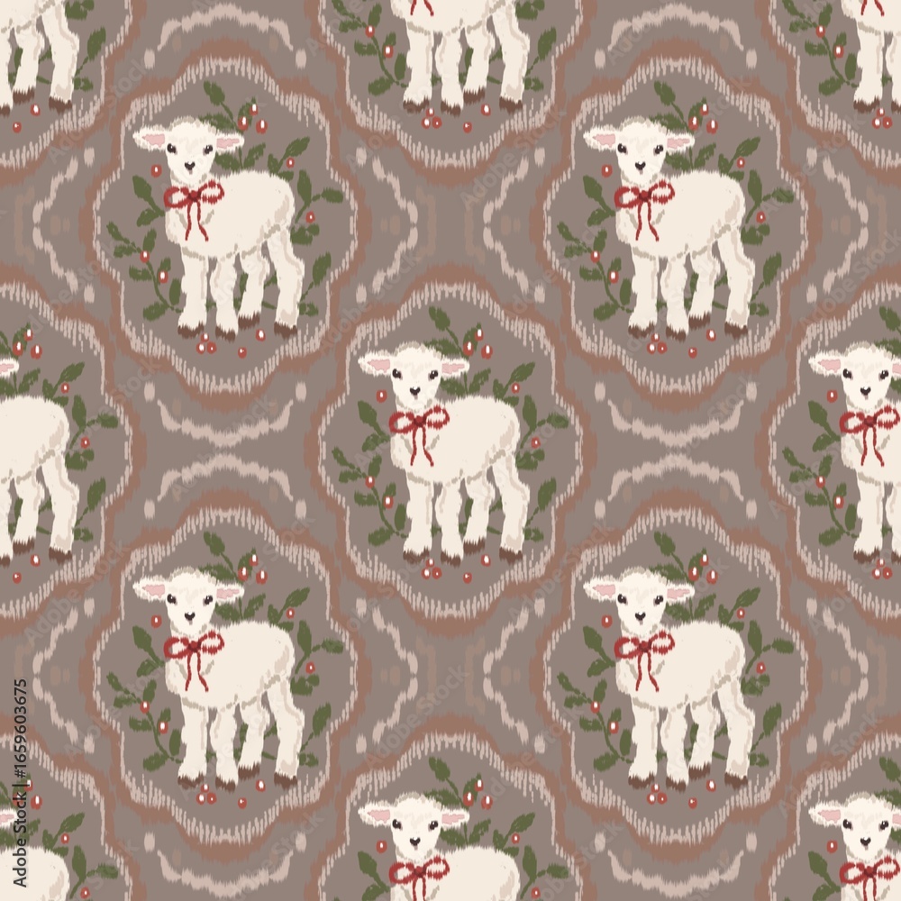 Obraz premium Christmas Ikat Seamless Pattern • Bohemian Textile Design • Fabric Texture • Digital Background for Print and Crafts