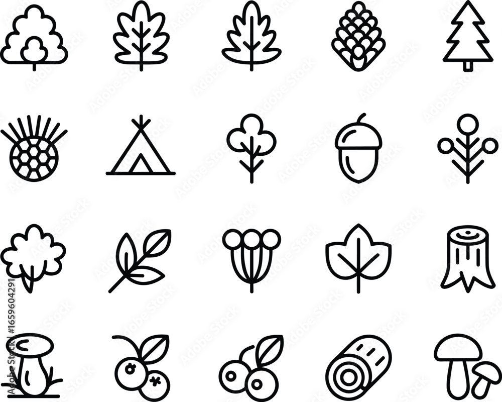 Fototapeta premium Forest nature icons set, tree leaves symbols, pine cone illustration, mushrooms and berries, camping tent vector, acorn, wood log, foliage elements.