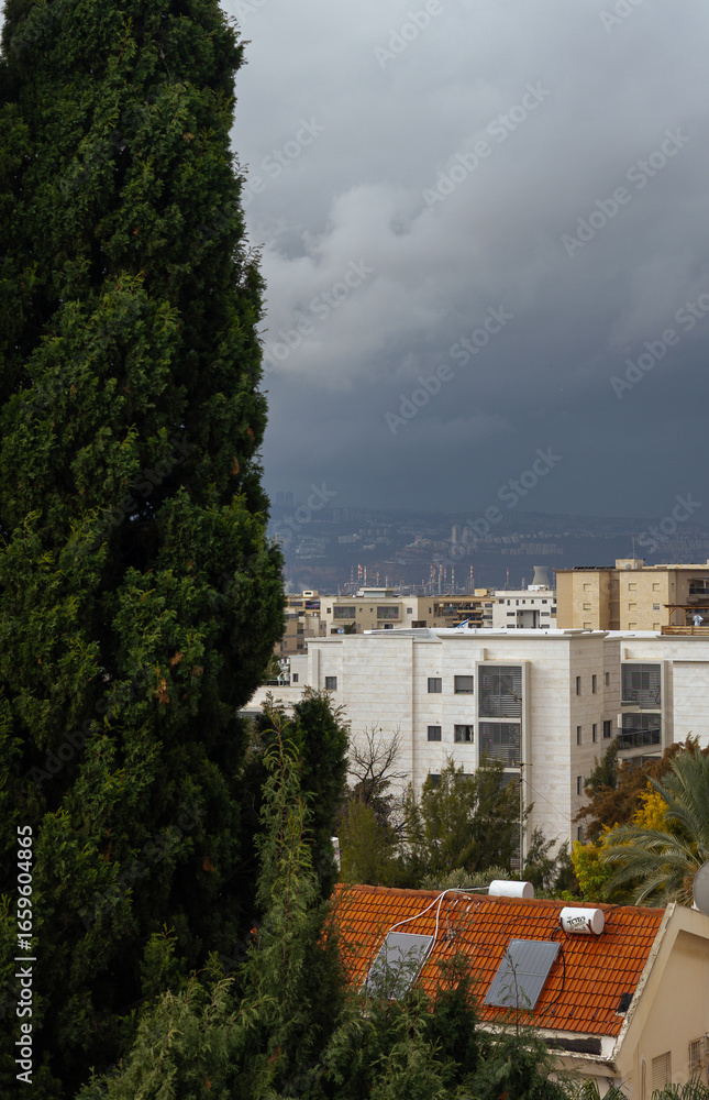 Fototapeta premium Cypress tree and private house roof with solar panels in front of apartment buildings and stormy sky in Kiryat Ata. Concept: ecology, energy, urban environment