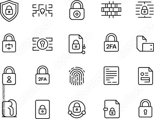Cybersecurity icons set, data protection symbols, digital privacy signs, two-factor authentication, 