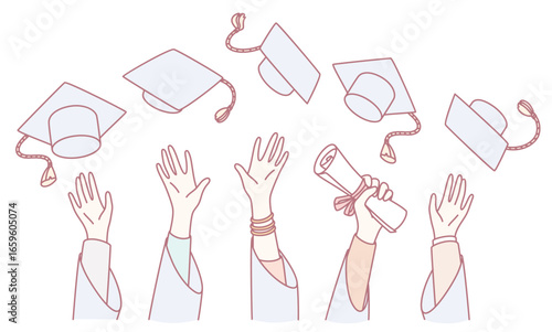 Joyful hands are celebrating graduation day with bright caps and diplomas proudly held high in the air