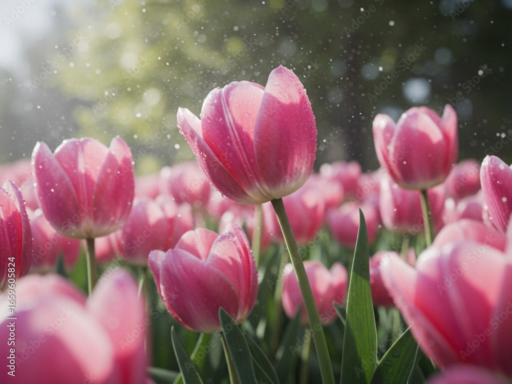 Fototapeta premium Vibrant Pink Tulips in Bloom at a Sunlit Garden Landscape