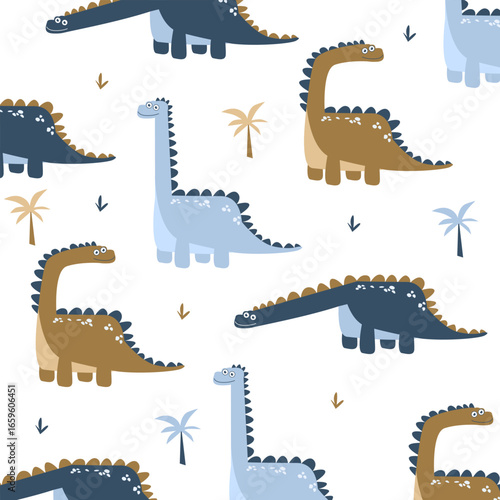 funny and cute dinosaur brontosaurus seamless pattern vector cartoon design kids apparel fullprint fabric