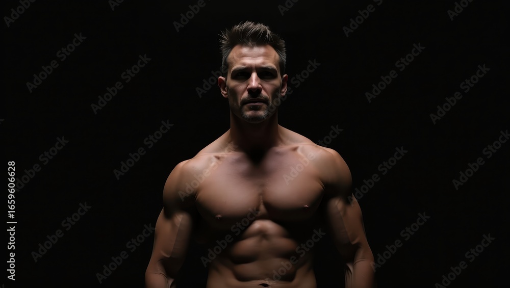 Fototapeta premium A muscular man, torso only, displays defined physique against a stark black background, emphasizing strength and focus.
